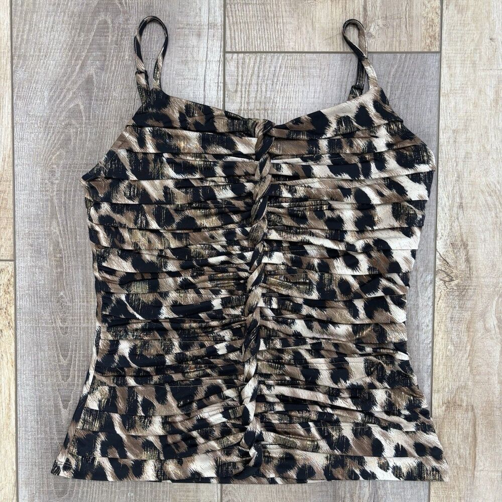 Vtg Women Cache 90s Y2K Leopard Print Camisole Size S Shimmer Gold Going Out Top